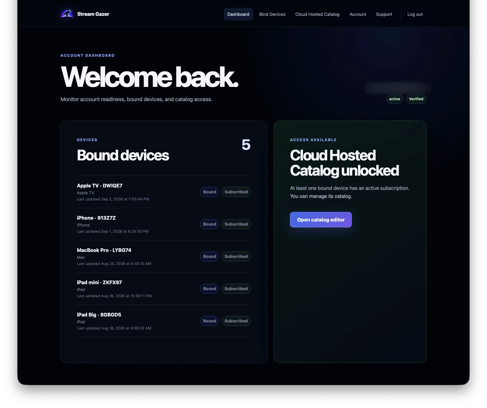 Stream Gazer account dashboard showing five bound subscribed devices and the unlocked Cloud Hosted Catalog with an Open catalog editor button