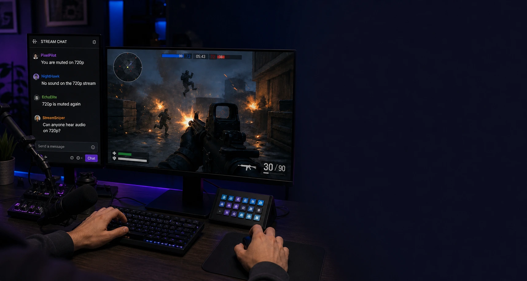 First-person view of a streamer setup with several chat messages reporting muted audio on the 720p stream